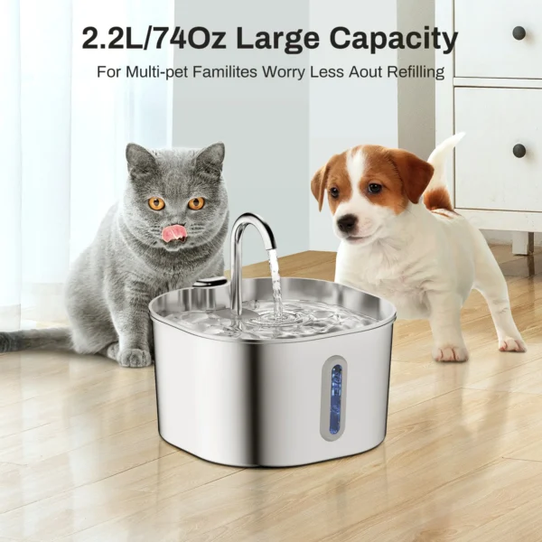 Fontaine à eau pour chat en acier inoxydable, 2,2 L